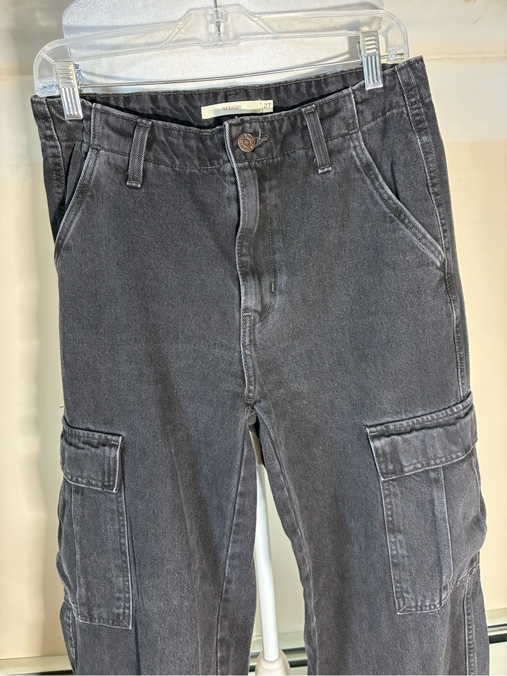 Levi’s 94 Baggy Black Wide Leg Drawstring Hem Cargo Jeans size 27 - Picture 6 of 7